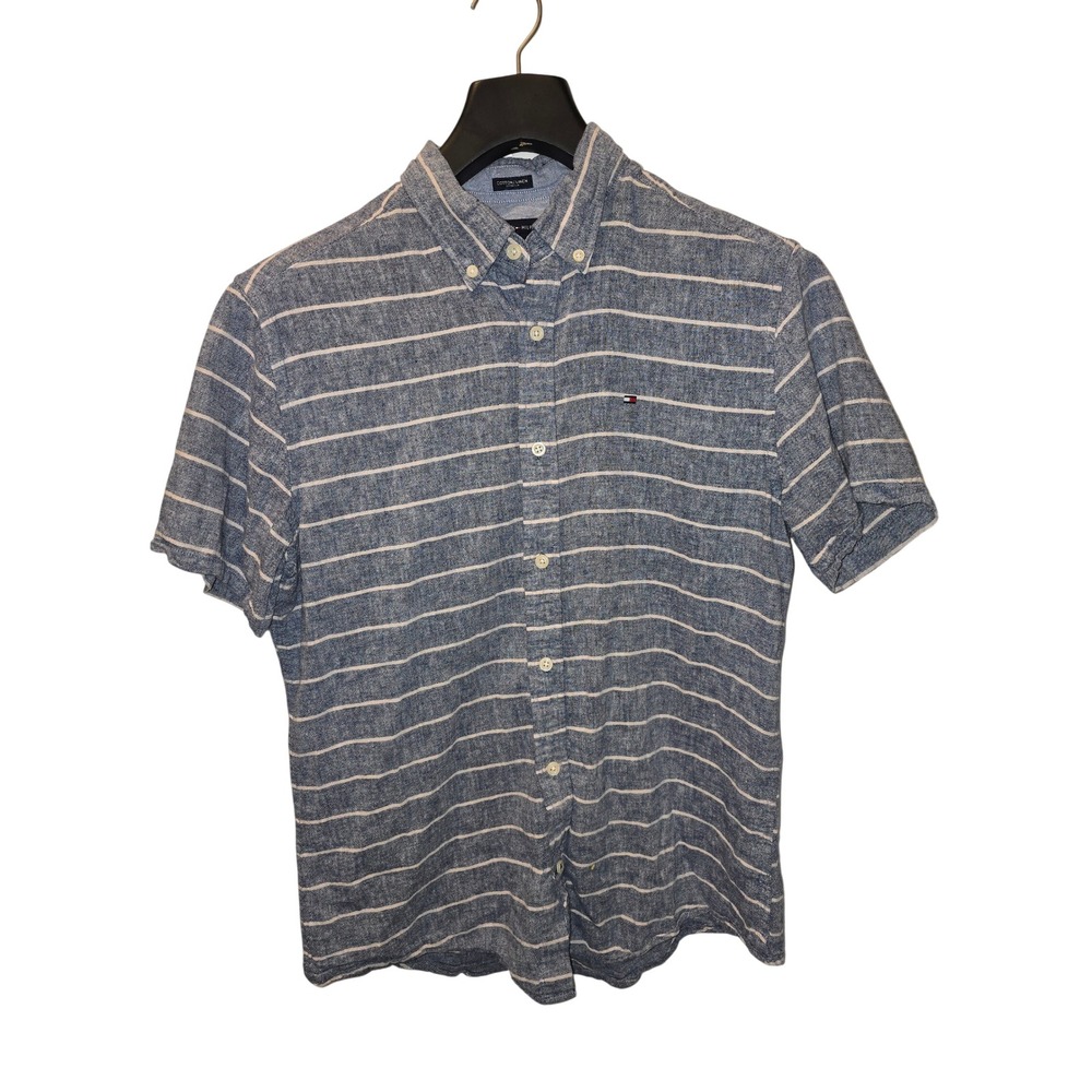 Tommy Hilfiger Mens Blue White Striped Cotton Linen Short Sleeve Shirt Medium